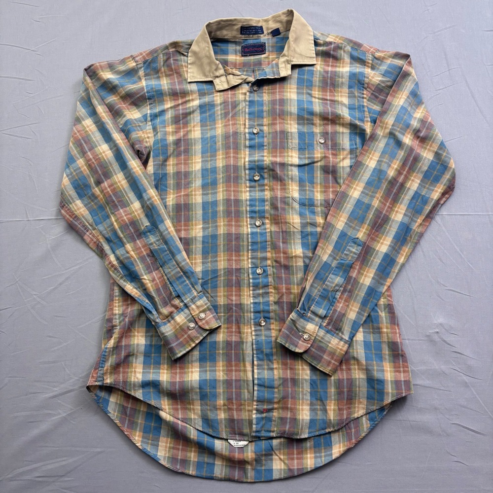 Vintage Hathaway Mens Plaid Button Down Shirt Biddeford Poplin Blue‎ Tan Medium